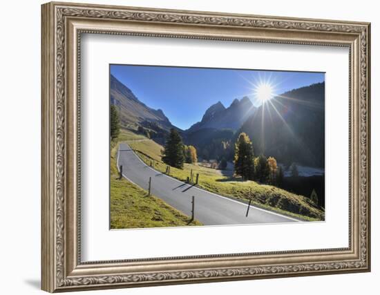 Pass road with sun in autumn, Albulapass, Grisons, Switzerland-Raimund Linke-Framed Photographic Print