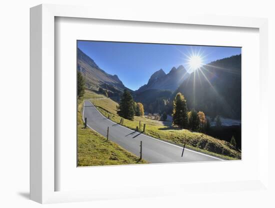 Pass road with sun in autumn, Albulapass, Grisons, Switzerland-Raimund Linke-Framed Photographic Print