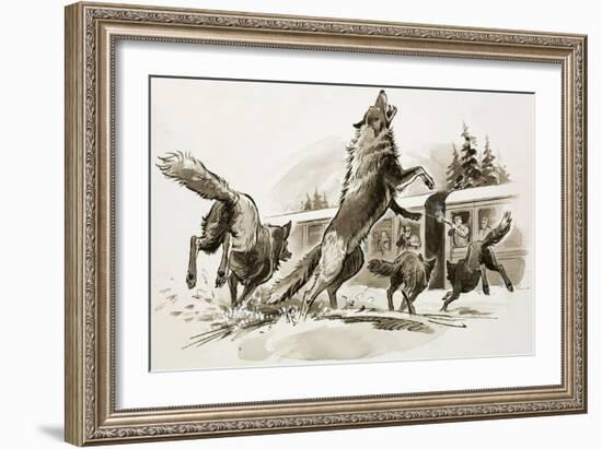 Passengers in a Snowbound Train Fight Off Starving Wolves-Ralph Bruce-Framed Giclee Print