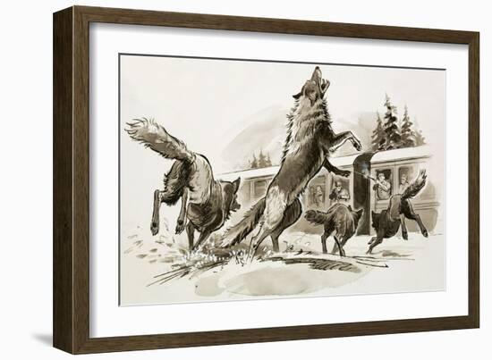 Passengers in a Snowbound Train Fight Off Starving Wolves-Ralph Bruce-Framed Giclee Print