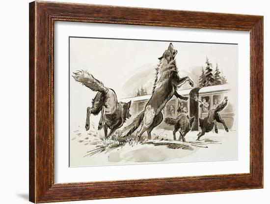 Passengers in a Snowbound Train Fight Off Starving Wolves-Ralph Bruce-Framed Giclee Print