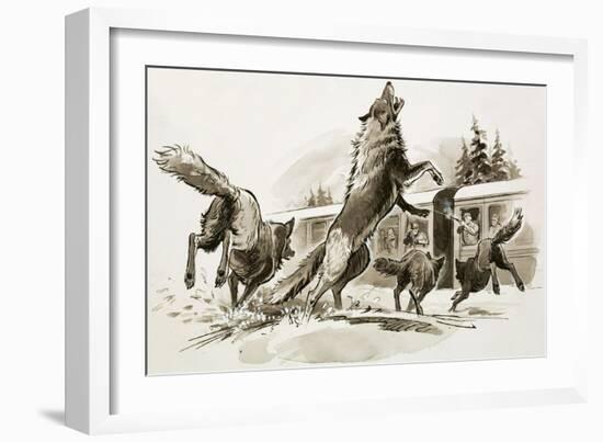 Passengers in a Snowbound Train Fight Off Starving Wolves-Ralph Bruce-Framed Giclee Print