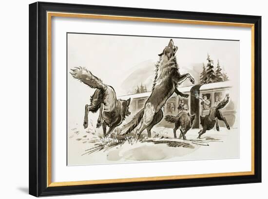 Passengers in a Snowbound Train Fight Off Starving Wolves-Ralph Bruce-Framed Giclee Print