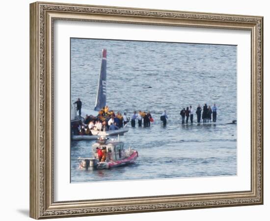 Passengers in an Inflatable Raft, Moving Away from a US Aircraft That Has Gone Down in Hudson River-null-Framed Photographic Print