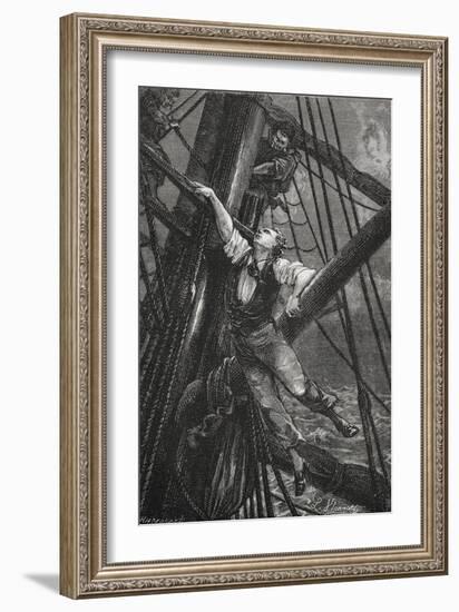 Passepartout Climbing the Mast Of a Ship. Illustration To the Novel-M.M. De Neuville-Framed Giclee Print