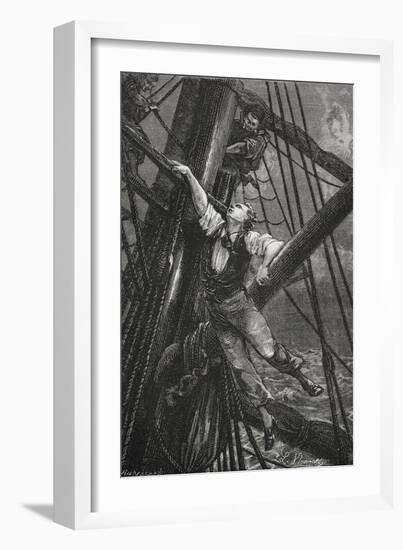 Passepartout Climbing the Mast Of a Ship. Illustration To the Novel-M.M. De Neuville-Framed Giclee Print