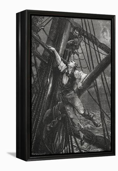 Passepartout Climbing the Mast Of a Ship. Illustration To the Novel-M.M. De Neuville-Framed Premier Image Canvas