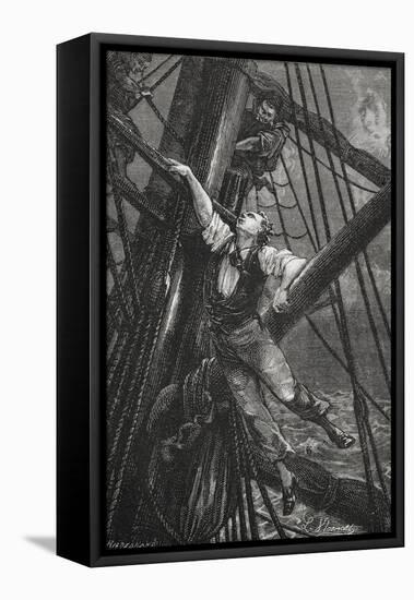 Passepartout Climbing the Mast Of a Ship. Illustration To the Novel-M.M. De Neuville-Framed Premier Image Canvas