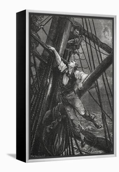 Passepartout Climbing the Mast Of a Ship. Illustration To the Novel-M.M. De Neuville-Framed Premier Image Canvas