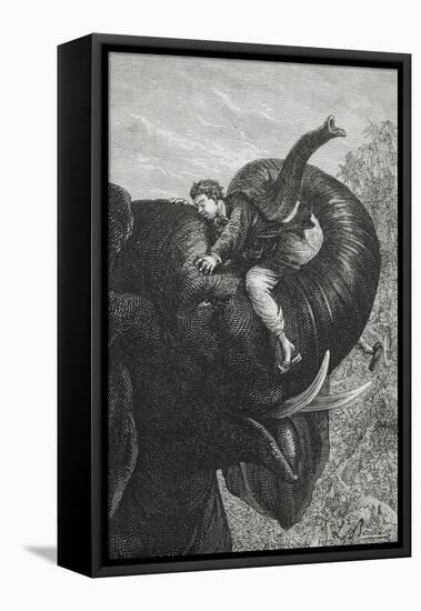 Passepartout Sitting On the Trunk Of an Elephant. 'Around the World in Eighty Days' Illustration-M.M. De Neuville-Framed Premier Image Canvas