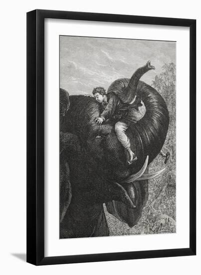 Passepartout Sitting On the Trunk Of an Elephant. 'Around the World in Eighty Days' Illustration-M.M. De Neuville-Framed Giclee Print