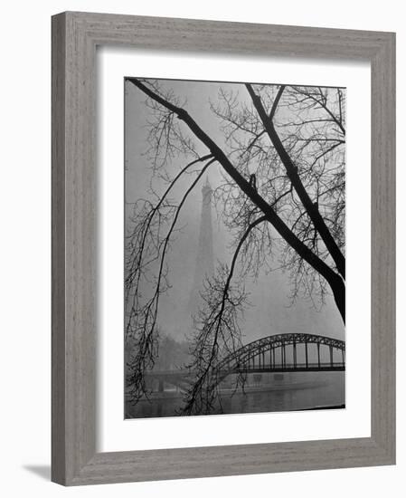Passerelle Debilly Bridge on a Foggy Winter Day with the Eiffel Tower in the Background-Ed Clark-Framed Photographic Print