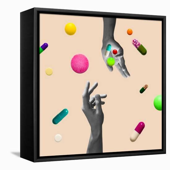 Pastel Background. the Abstract Hand and falling Tablets and Pills. Artwork or Creative Collage Wit-master1305-Framed Premier Image Canvas