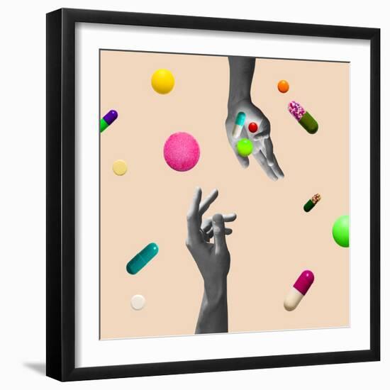 Pastel Background. the Abstract Hand and falling Tablets and Pills. Artwork or Creative Collage Wit-master1305-Framed Photographic Print