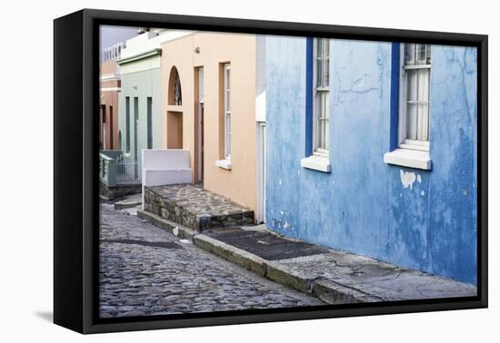 Pastel Colored Homes on Cobblestone Street in Bo-Kaap Residential District-Kimberly Walker-Framed Premier Image Canvas