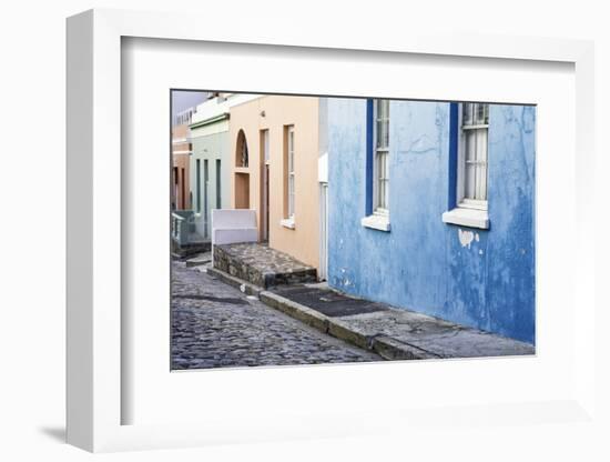 Pastel Colored Homes on Cobblestone Street in Bo-Kaap Residential District-Kimberly Walker-Framed Photographic Print