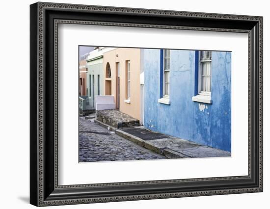 Pastel Colored Homes on Cobblestone Street in Bo-Kaap Residential District-Kimberly Walker-Framed Photographic Print