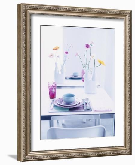 Pastel-Coloured Table Setting and Vases of Flowers on Table-Alexander Van Berge-Framed Photographic Print