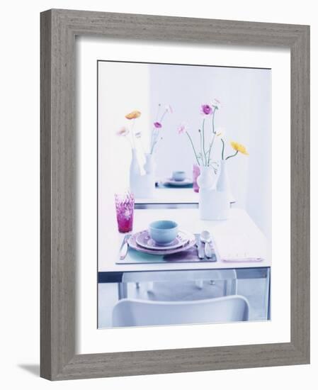 Pastel-Coloured Table Setting and Vases of Flowers on Table-Alexander Van Berge-Framed Photographic Print