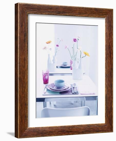 Pastel-Coloured Table Setting and Vases of Flowers on Table-Alexander Van Berge-Framed Photographic Print