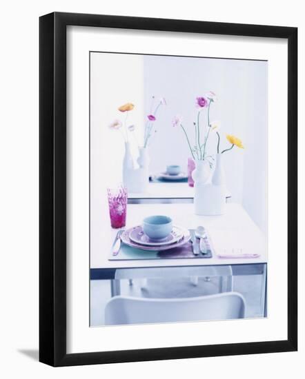 Pastel-Coloured Table Setting and Vases of Flowers on Table-Alexander Van Berge-Framed Photographic Print