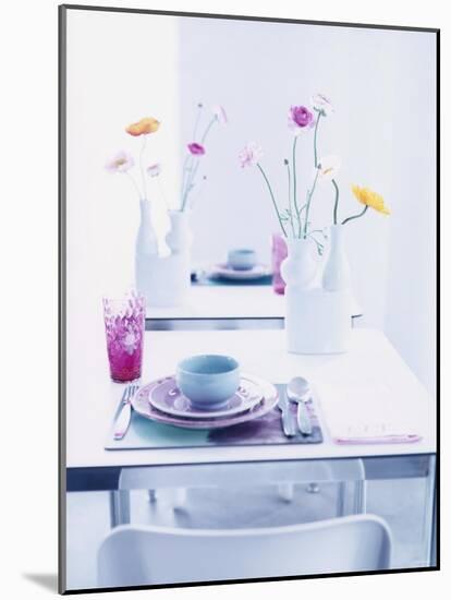 Pastel-Coloured Table Setting and Vases of Flowers on Table-Alexander Van Berge-Mounted Photographic Print