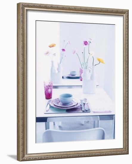 Pastel-Coloured Table Setting and Vases of Flowers on Table-Alexander Van Berge-Framed Photographic Print