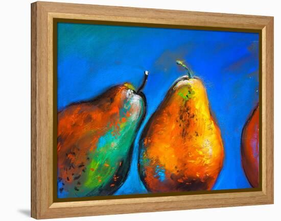 Pastel Painting on a Cardboard. Pears-Fruits on a Blue Background. Modern Art-Ivailo Nikolov-Framed Stretched Canvas