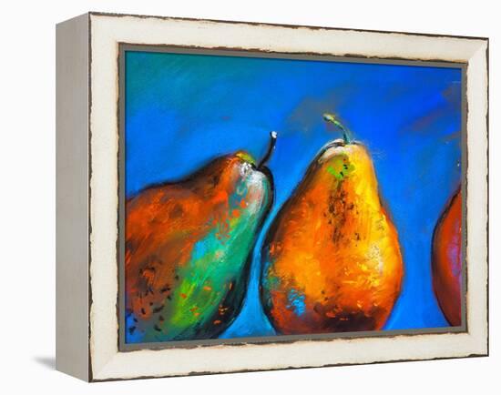 Pastel Painting on a Cardboard. Pears-Fruits on a Blue Background. Modern Art-Ivailo Nikolov-Framed Stretched Canvas