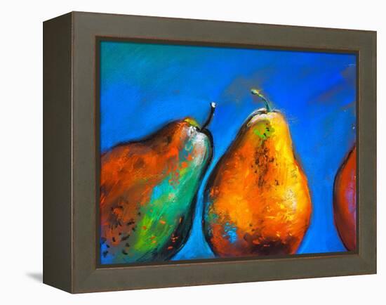 Pastel Painting on a Cardboard. Pears-Fruits on a Blue Background. Modern Art-Ivailo Nikolov-Framed Stretched Canvas