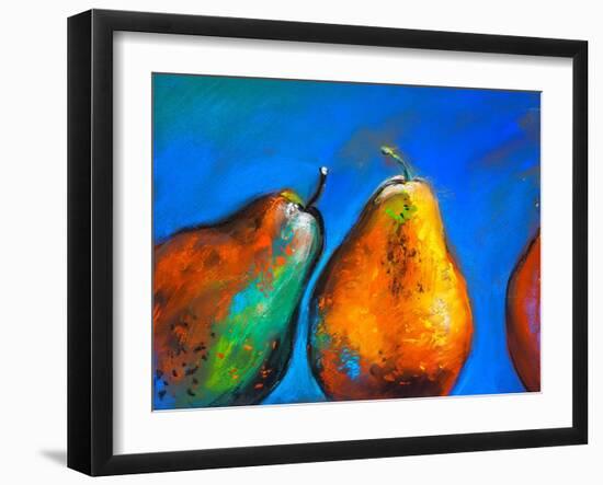 Pastel Painting on a Cardboard. Pears-Fruits on a Blue Background. Modern Art-Ivailo Nikolov-Framed Art Print