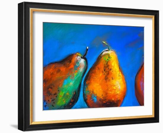 Pastel Painting on a Cardboard. Pears-Fruits on a Blue Background. Modern Art-Ivailo Nikolov-Framed Art Print