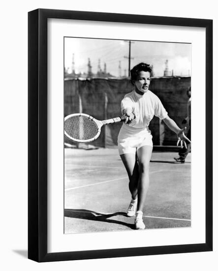Pat And Mike, Katharine Hepburn Playing Tennis On The Set, 1952-null-Framed Photo