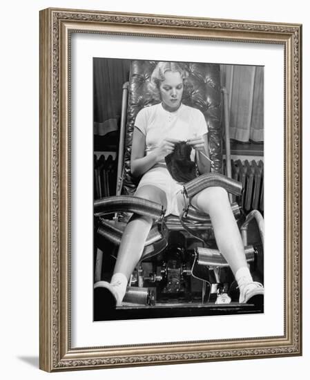 Pat Ogden at Slenderizing Salon Knitting in Padded Chair While Leg Rollers Work from Thigh to Ankle-Alfred Eisenstaedt-Framed Photographic Print