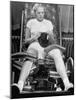Pat Ogden at Slenderizing Salon Knitting in Padded Chair While Leg Rollers Work from Thigh to Ankle-Alfred Eisenstaedt-Mounted Photographic Print