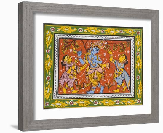 Patachitra Depicting Krishna with Gopis in the Rasa Dance, Orissa, Mid 20th Century-null-Framed Giclee Print