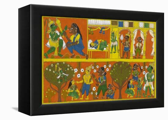 Patachitra Depicting the Hindu Monkey God Hanuman in a Scene from the Ramayana Epic-null-Framed Premier Image Canvas