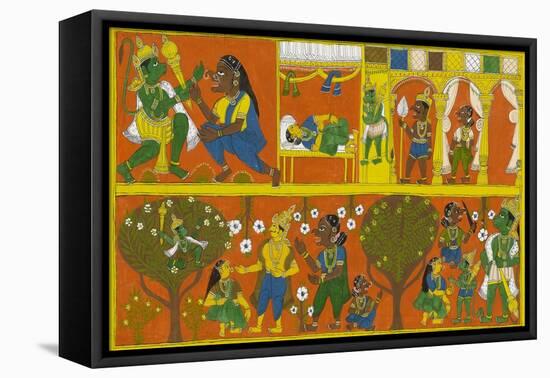 Patachitra Depicting the Hindu Monkey God Hanuman in a Scene from the Ramayana Epic-null-Framed Premier Image Canvas