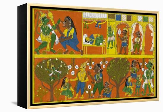 Patachitra Depicting the Hindu Monkey God Hanuman in a Scene from the Ramayana Epic-null-Framed Premier Image Canvas