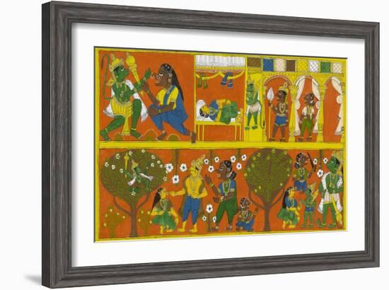 Patachitra Depicting the Hindu Monkey God Hanuman in a Scene from the Ramayana Epic-null-Framed Giclee Print