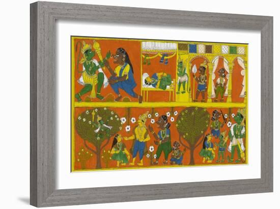 Patachitra Depicting the Hindu Monkey God Hanuman in a Scene from the Ramayana Epic-null-Framed Giclee Print