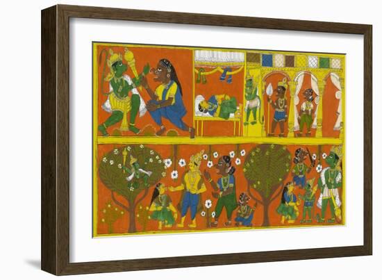 Patachitra Depicting the Hindu Monkey God Hanuman in a Scene from the Ramayana Epic-null-Framed Giclee Print