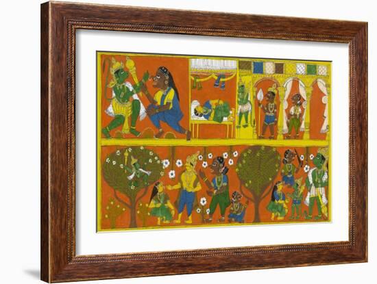 Patachitra Depicting the Hindu Monkey God Hanuman in a Scene from the Ramayana Epic-null-Framed Giclee Print