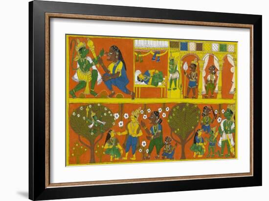 Patachitra Depicting the Hindu Monkey God Hanuman in a Scene from the Ramayana Epic-null-Framed Giclee Print