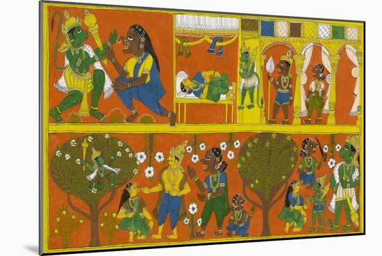 Patachitra Depicting the Hindu Monkey God Hanuman in a Scene from the Ramayana Epic-null-Mounted Giclee Print