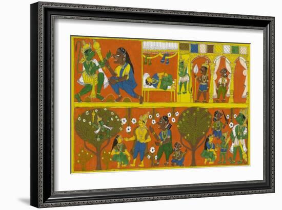 Patachitra Depicting the Hindu Monkey God Hanuman in a Scene from the Ramayana Epic-null-Framed Giclee Print