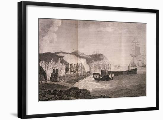 Patagonians Welcoming Commander Byron, Engraving by Robert De Launay, from Cook Atlas, 1784-null-Framed Giclee Print