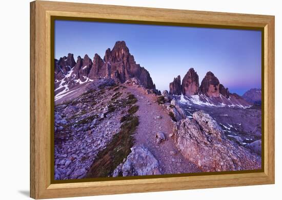 Paternkofel and Tre Cime Di Lavaredo Mountains at Dawn, Sexten Dolomites, South Tyrol, Italy-Frank Krahmer-Framed Premier Image Canvas