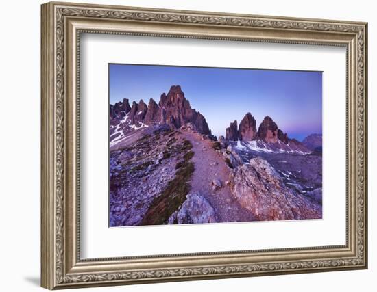 Paternkofel and Tre Cime Di Lavaredo Mountains at Dawn, Sexten Dolomites, South Tyrol, Italy-Frank Krahmer-Framed Photographic Print