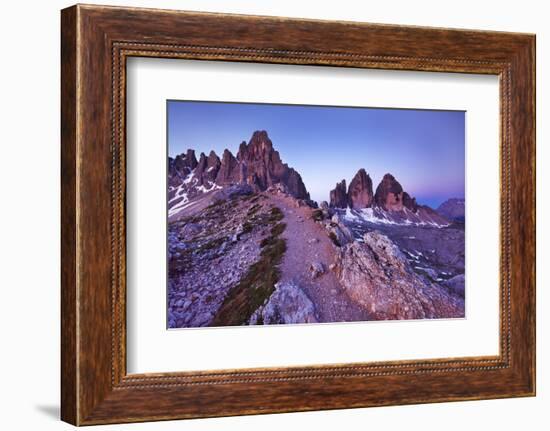 Paternkofel and Tre Cime Di Lavaredo Mountains at Dawn, Sexten Dolomites, South Tyrol, Italy-Frank Krahmer-Framed Photographic Print